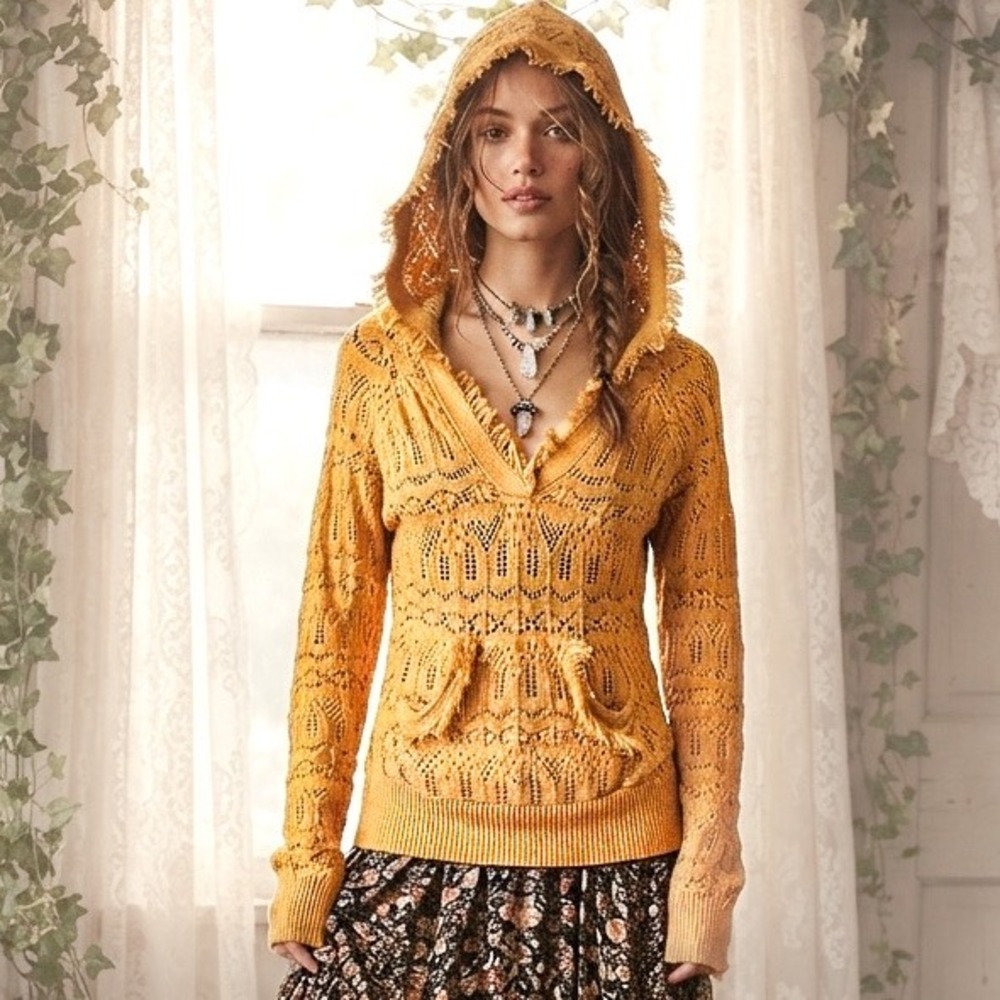 Heartloom Pointelle Hoodie Sweater Size XS Goldenrod Frayed Crochet Fairy Goblin